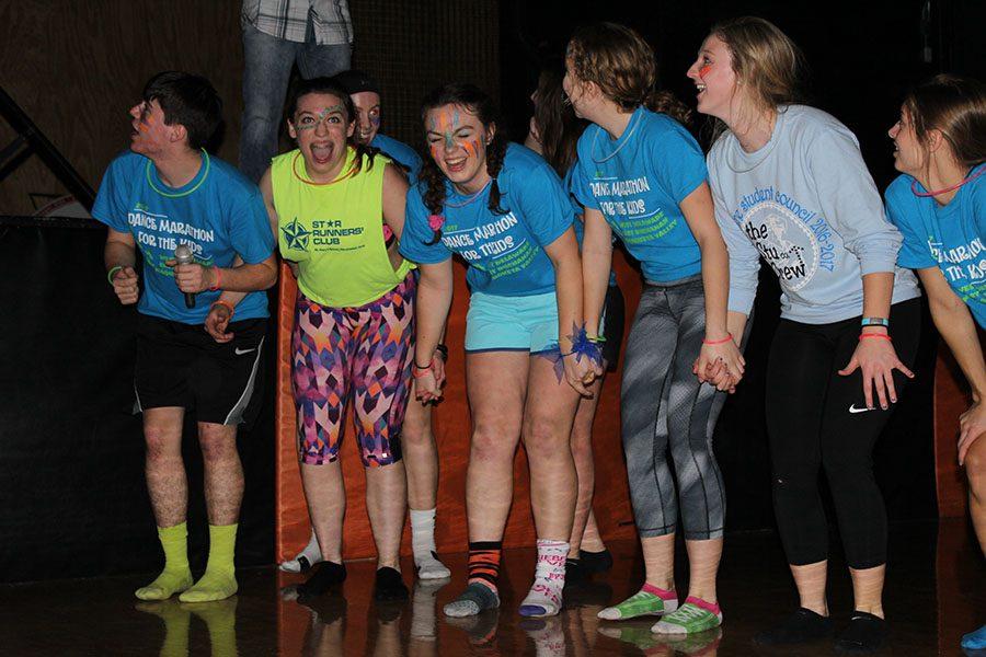 Anticipating their victory, lip sync battle participants struggle to hold back their excitement. The Dance Marathon raised over $8000 for the University of Iowa Childrens Hospital.