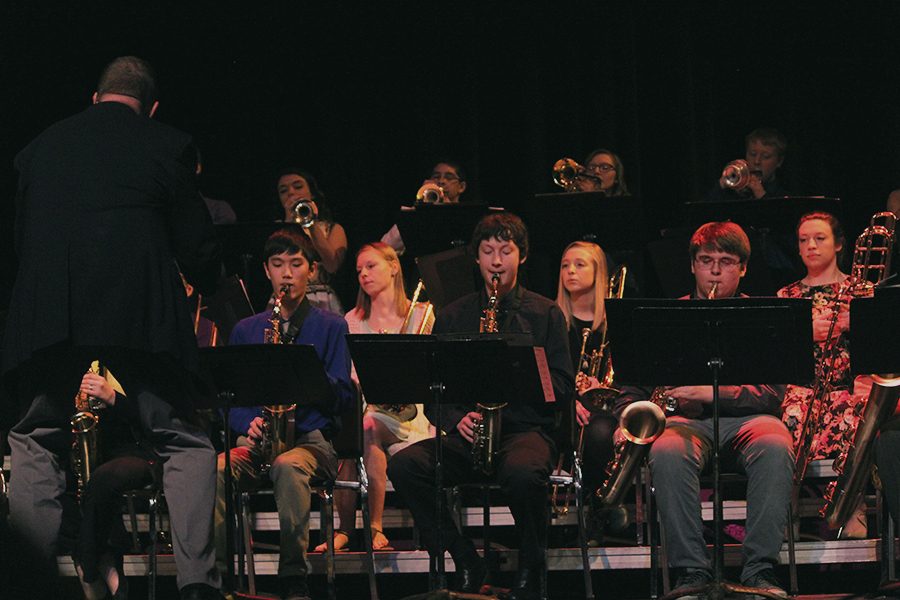 At Swing into Spring, Jazz Band performs one of their four songs. Front Row: Director Mark Philgreen, Jacob Butler, Tanner Kelchen, Colby Samuelson; Row 2; Sarah Weber, Bailey Beckman, Olivia Neuzil; Back Row: Erika Hill, Matthew Salas, Mercedes Riley, Kolin Wright.
