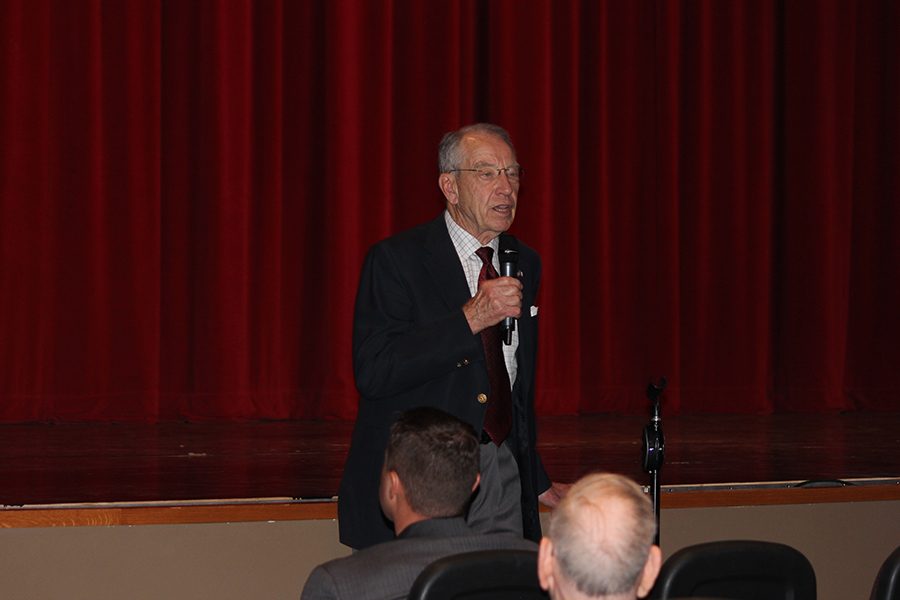 Senator Chuck Grassley speaks in front of the school. Grassley answered student and faculty questions about politics in Iowa and America. 