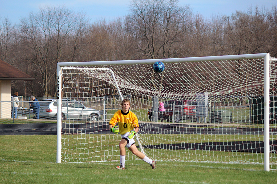 Goalkeeper Joey Sunne prepares to deflect the ball. Currently, Sunne has 105 saves.