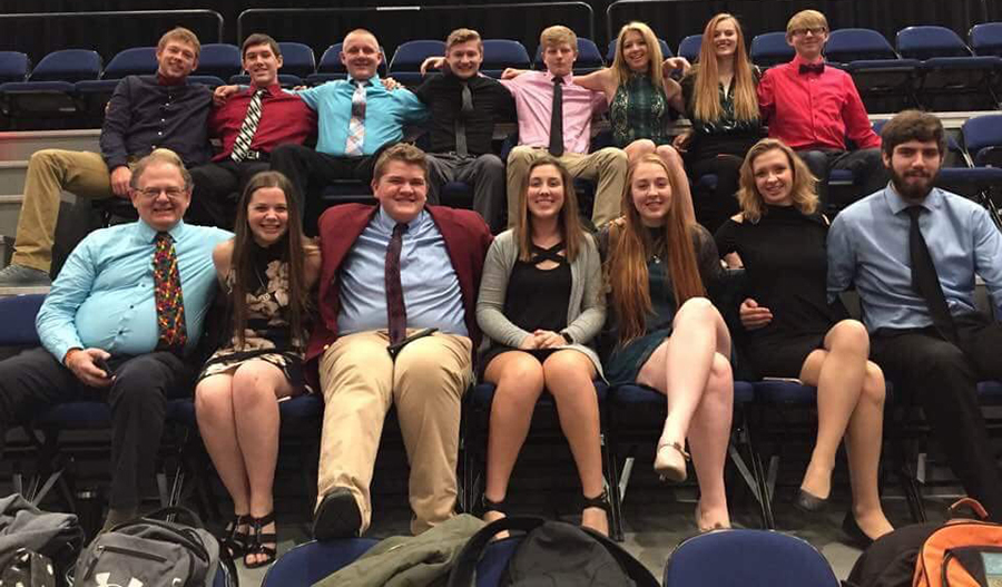 Front row: Duane Philgreen, Andrea Salow, Alex Zumbach, Rachel Haight, Mariah Seeley, Emily LaRosa, Maxwell Weber; back row: Caleb Zehr, Tristan Voelker, Isaiah Heims, Noah Crumpton, Ben Litterer, Kennedi Rogers, Paris Schaul, Justin Miester.