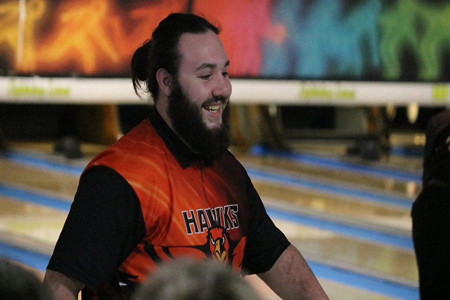 Ian Tibbott (11) is all smiles after bowling his 275 game against Vinton-Shellsburg.