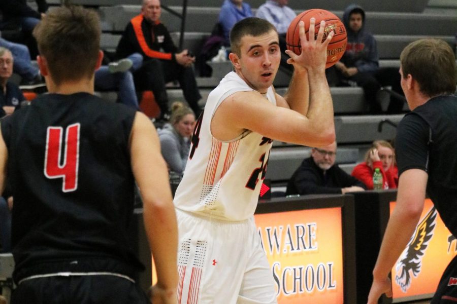 Avoiding defenders, Derek Krogmann (12) looks for an open teammate. Krogmann scored 512 points on the season and broke the school’s all-time point and rebound records with a career total of 1,679 points and 1128 rebounds. 