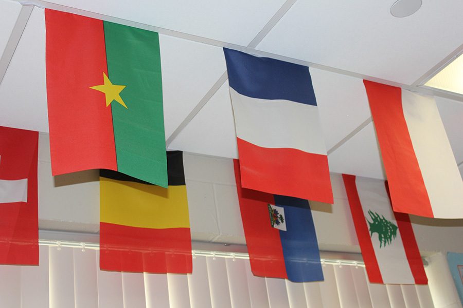 Flags of French-speaking countries line the ceiling of world language teacher Marianne Sandbergs room.