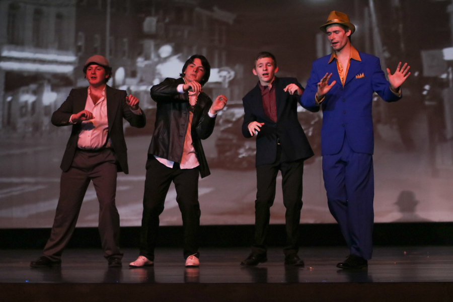 Thugs Ian Rogers (11), Elias Tibbott (11), Tyger Vaske (11) and Grant Schnieders (12) perform When I Find My Baby in Sister Act.
