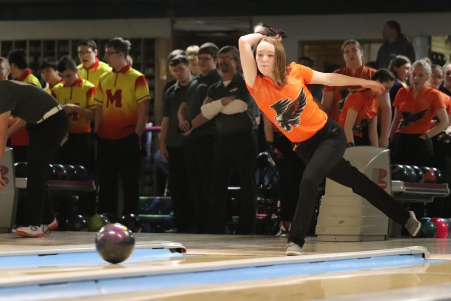 Hannah Axline (12) kicks off her senior season with a 385 series to help the Hawks win Fridays meet against Monticello.