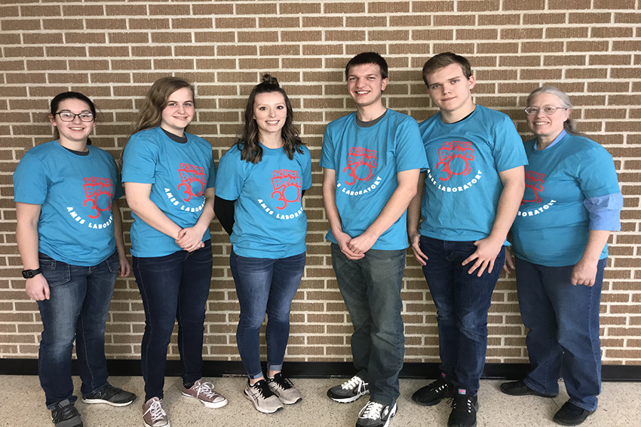 Members of WD Science Bowl team pose wearing their 30th annual Science Bowl t-shirts. Participants included Kaley Pettlon, Molly Mullis, Eva Winn, Brandon Buelow, David Reddingius and teacher Diane May.