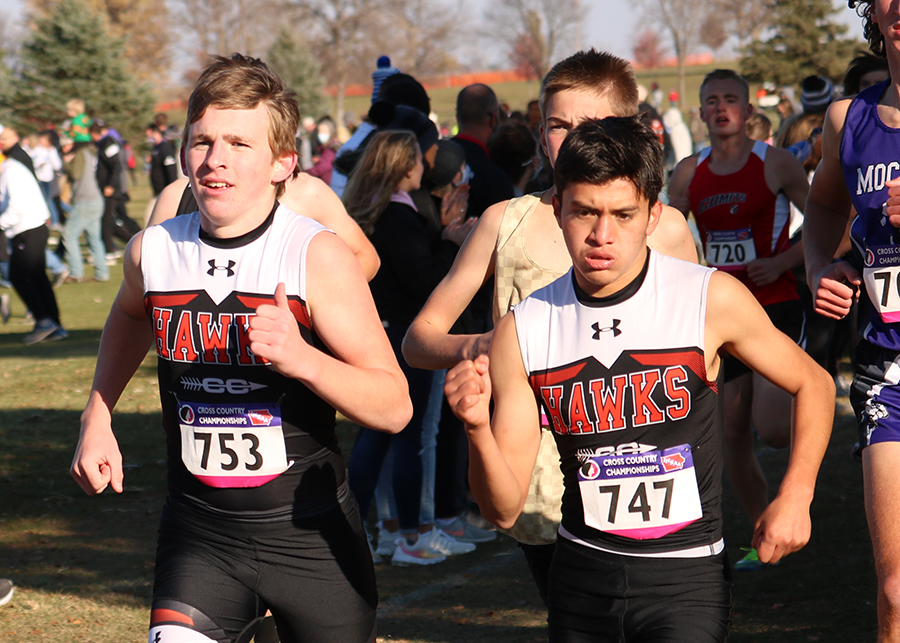 Tyger Vaske and  Robinson Martinez Junech run in the state cross country meet.