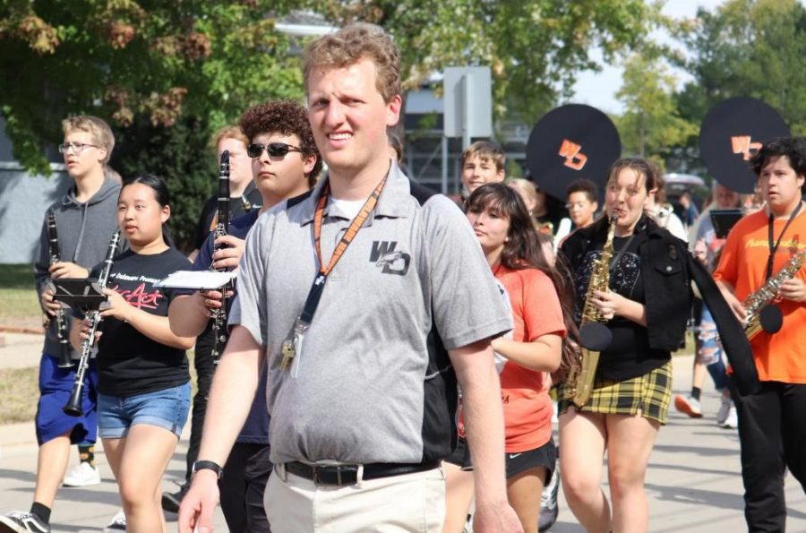 During the Homecoming Parade, Jonathan Green: new band director, marches on the route with the Pride Marching Band. 