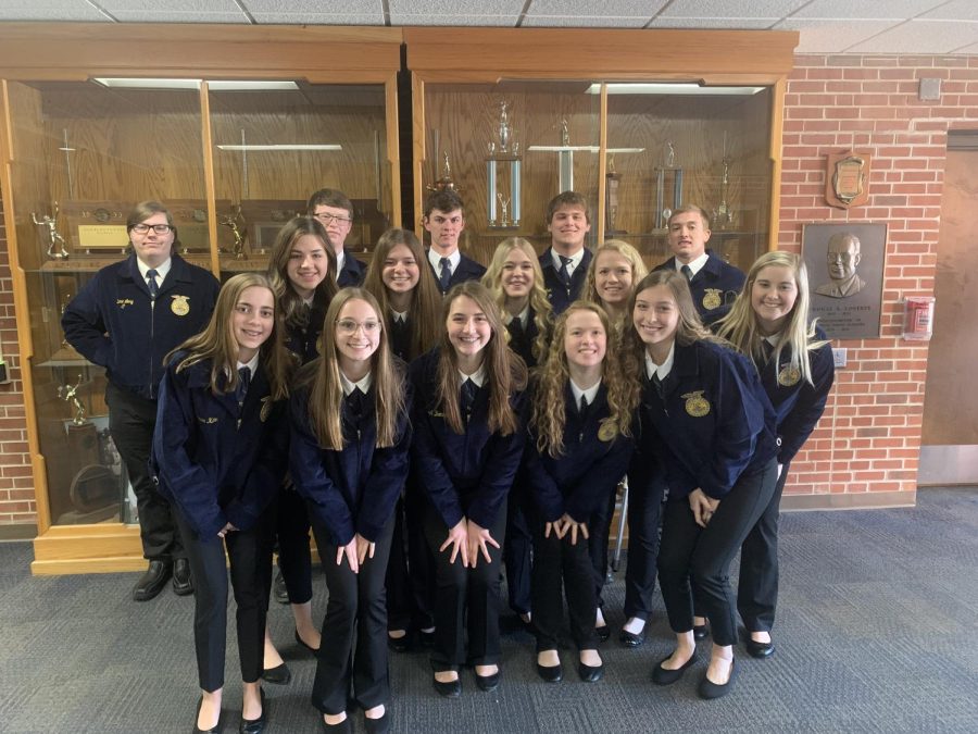 West Delaware FFA members pose at the District Contest at Decorah. 
Front Row: Ashleigh Hartman, Maleah Demmer, Chloe Peyton, and Taylor Domeyer; Row 2: Andrea Kann, Avery Rausch, Kennedy Kolbet, Kyria Loecke, Claire Peyton, and Myka Brooks; Back Row: Bane Long, Andrew Ries, Blake Deutmeyer, Cody Monaghan, and Jadyn Peyton.