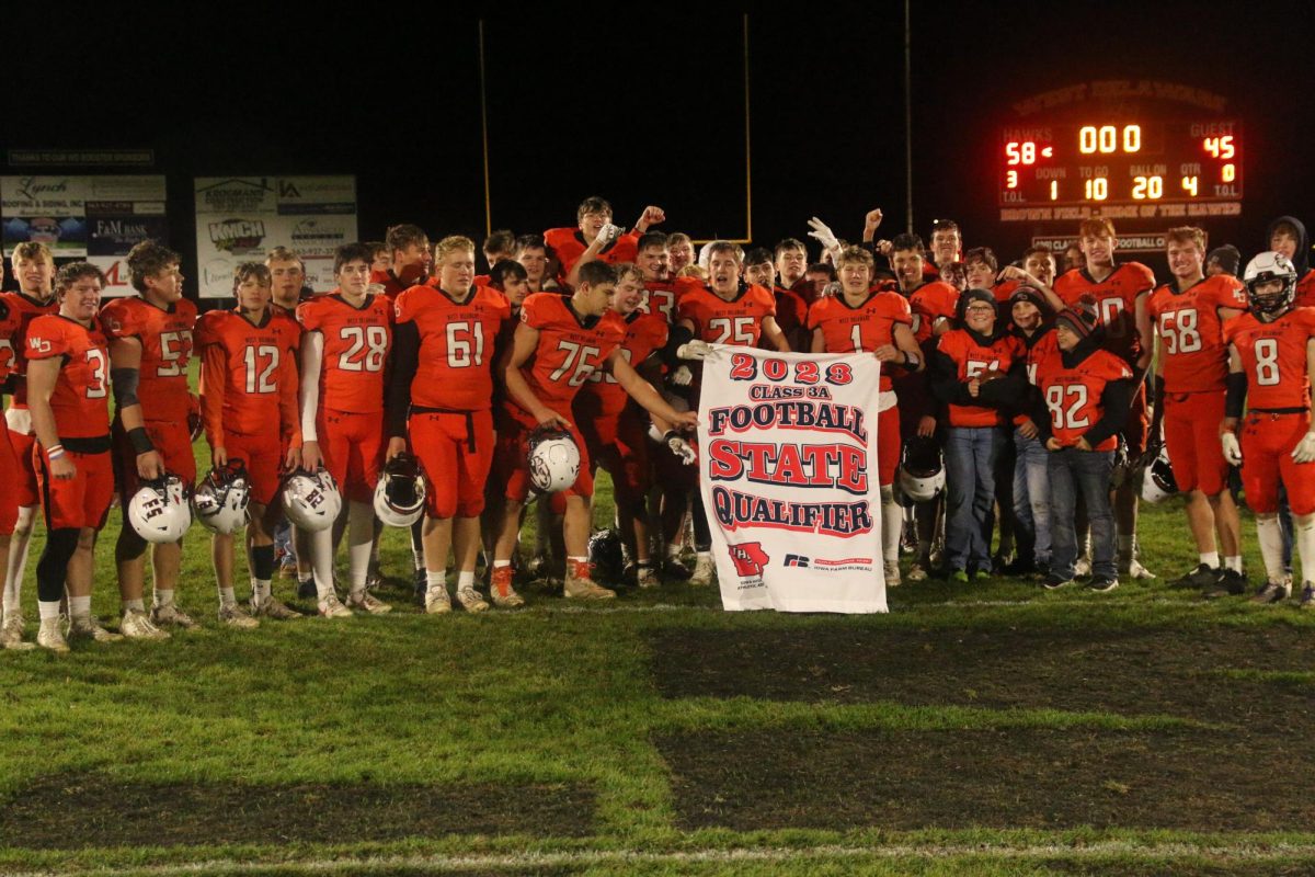 The football team poses with their playoff banner. Their season ended against Solon for the third consecutive year.