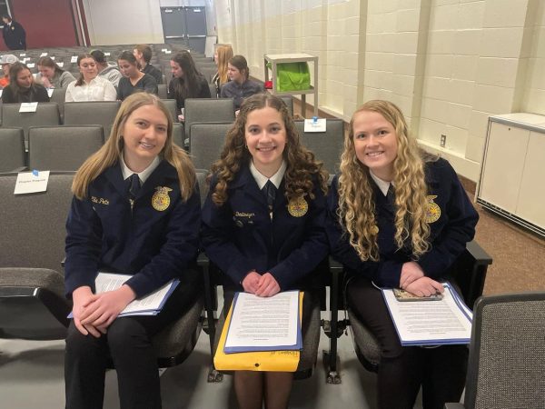 Ella Pettlon, Madie Deutmeyer, and Claire Peyton compete in the chapter program competition in Waukon onn March 9.