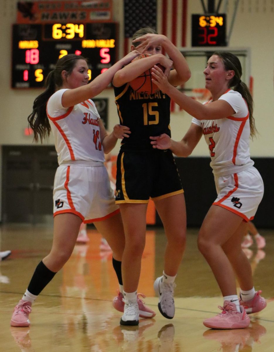 Defending, juniors Lena Petlon and Vedah Langel team up against a Maquoketa Valley player on Nov. 22. 