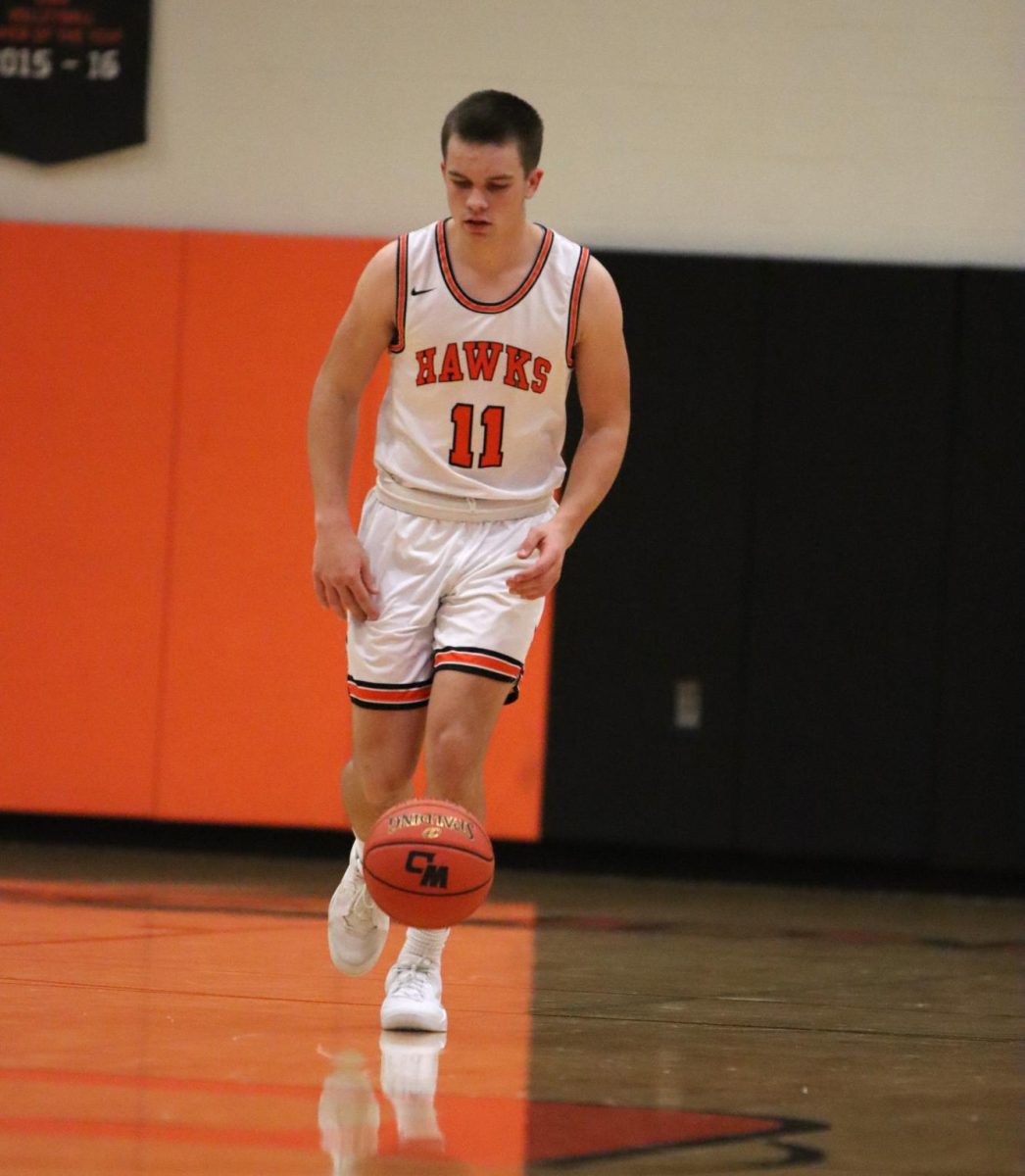 At the start of the game against Maquoketa Valley, Levi Wilson-Bries (12) dribbles the basketball. The boys varsity won, 44-36.