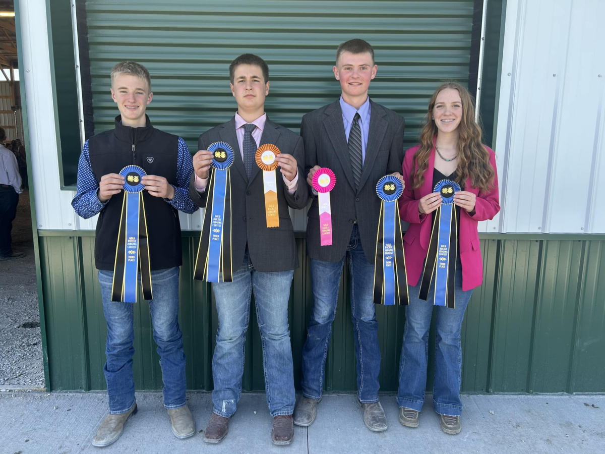 Placing third as a team in the Ottumwa Gold Buckle Judging Contest, sophomores Hunter Rave, Miles Bockenstedt, Cooper Eschen, and Holly Gudenkauf hold their awards after a successful day of cattle judging. Bockenstedt placed eighth individually, and Eschen placed ninth individually.
(Photo contributed by Teacher Rachel Vontalge.)