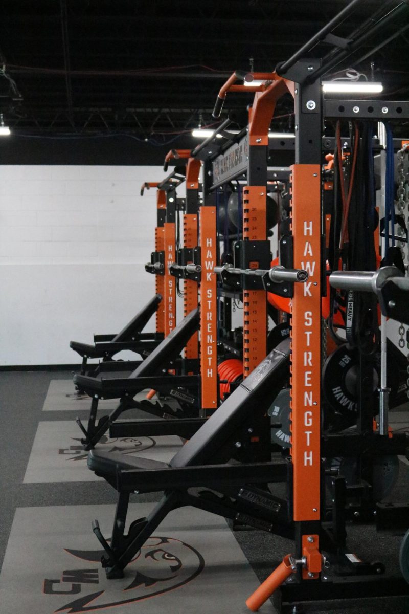 The upgraded weightroom contains new racks, weights, and other equipment.