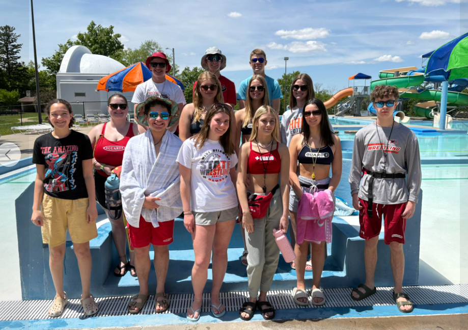 Lifeguards prepare for their first shift at the pool. Front Row: Tiana Washington (12), Keizel Rivera (10), Avery Carroll (10), Anna Williams (9), Gwenith Pasker (12), Harrison Nefzger (9); Row 2: Carlie Lewin, Maya Pennington (11), Erin Wegmann, Alaina Bardgett (11); Back Row: Caleb Stocks (12), Josh Sleper (9), Evan Dunkel (12). (Photo contributed by Krista Briggs)