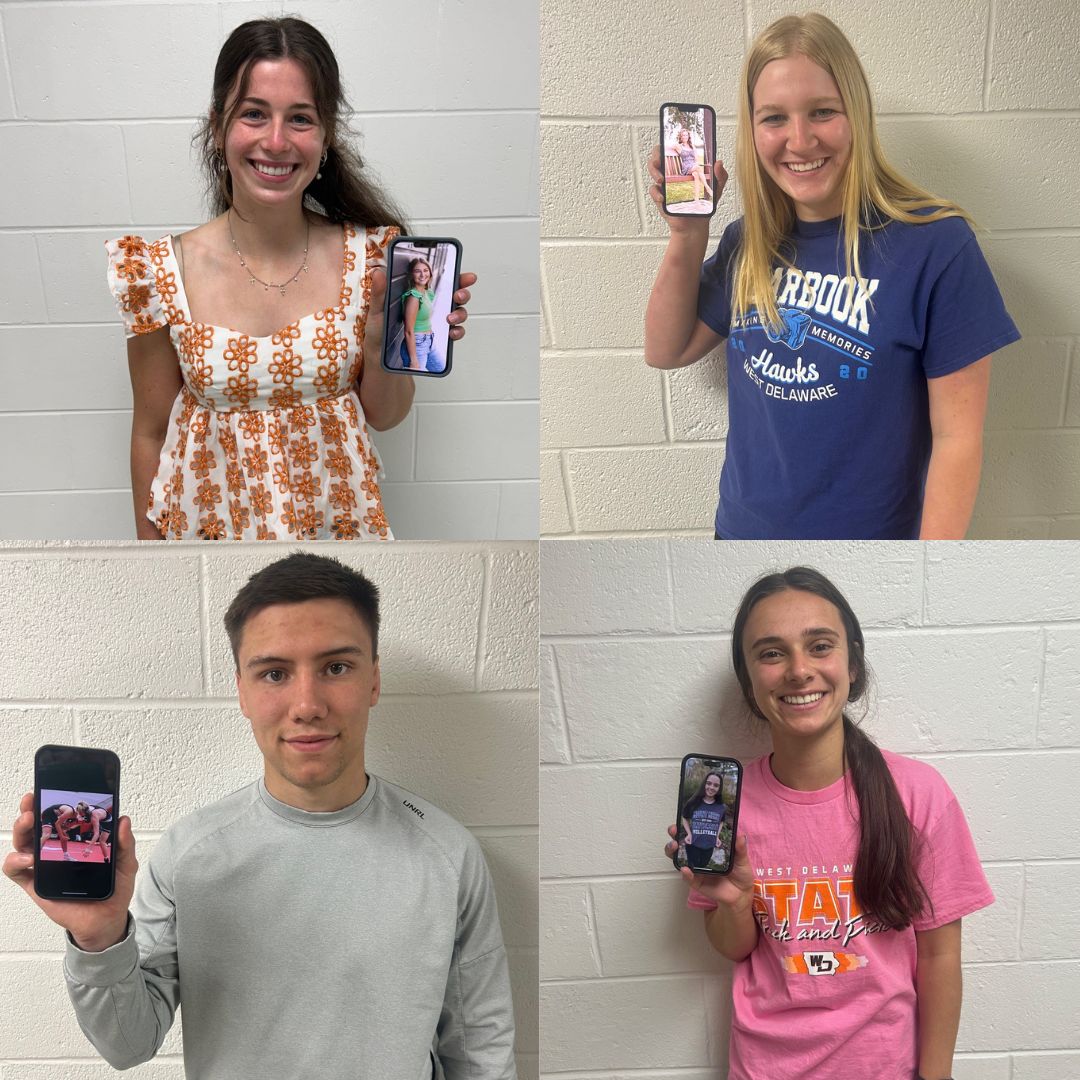 Kate Wenger (12), Paige Woellert (12), Jax Miller (12), and Kirstyn Kolbet (12) pose with a picture of their future roommate. Image designed on Canva by Hannah Cantwell.