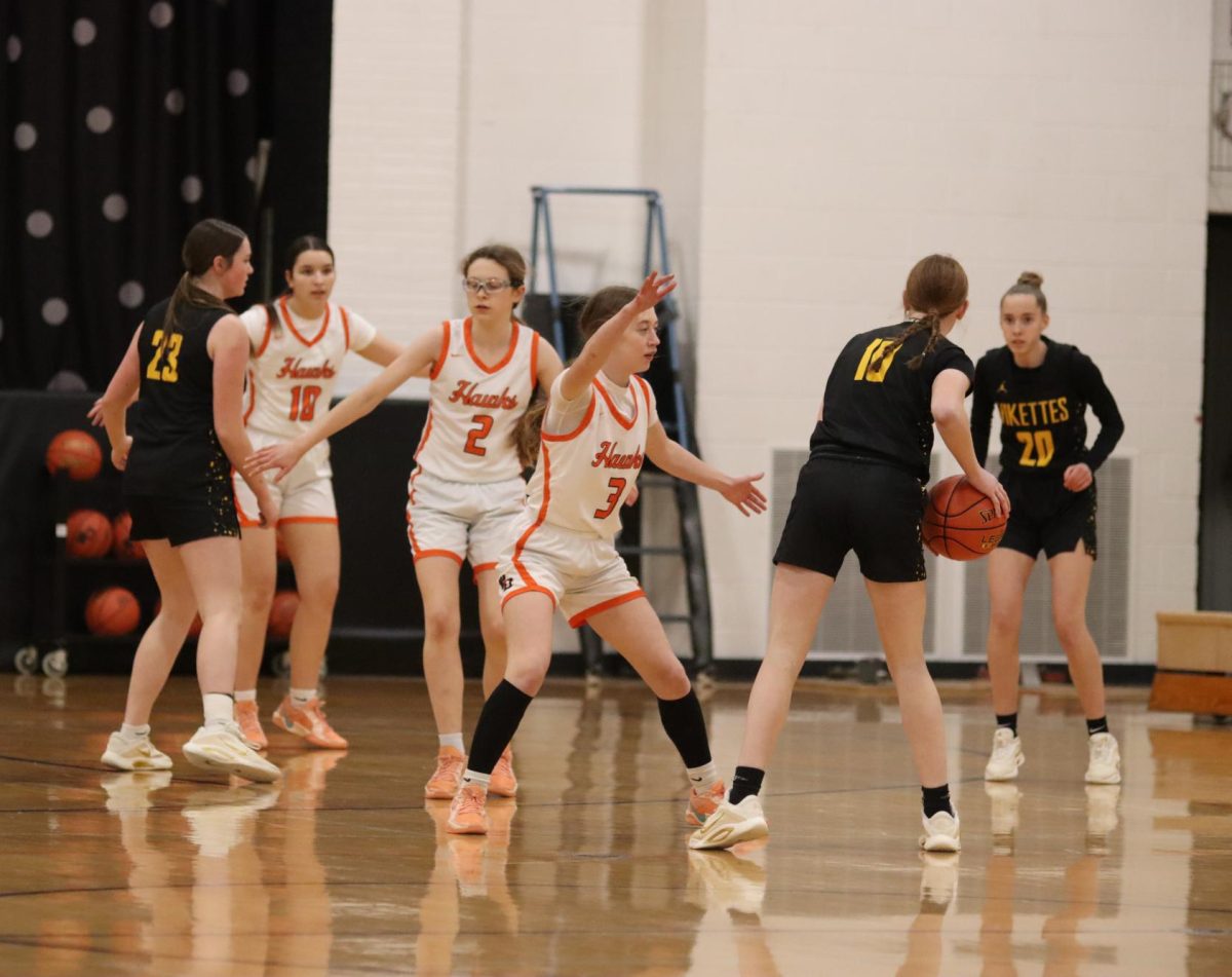 Abbigail Stoffel (10) guards the opponent in a game against Vinton-Shellsburg.
Photo By Helen Temeyer 