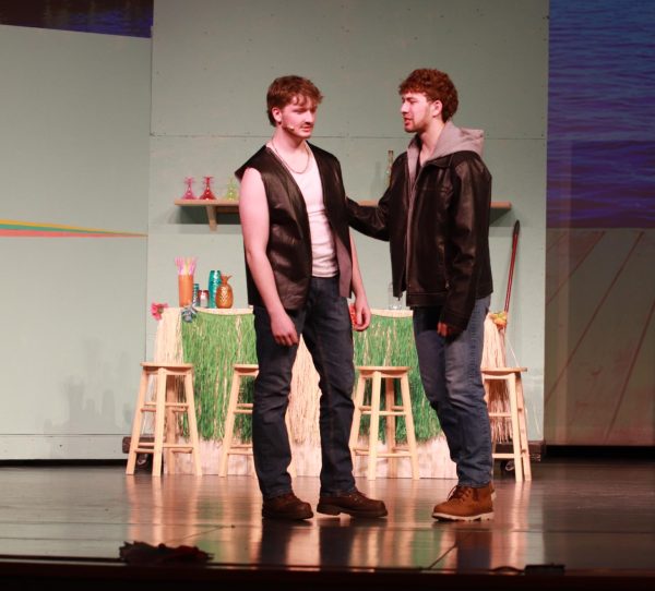 During a dress rehearsal, Lucas Jolley (11) and Josh Sleper (10) practice their roles for the spring play.