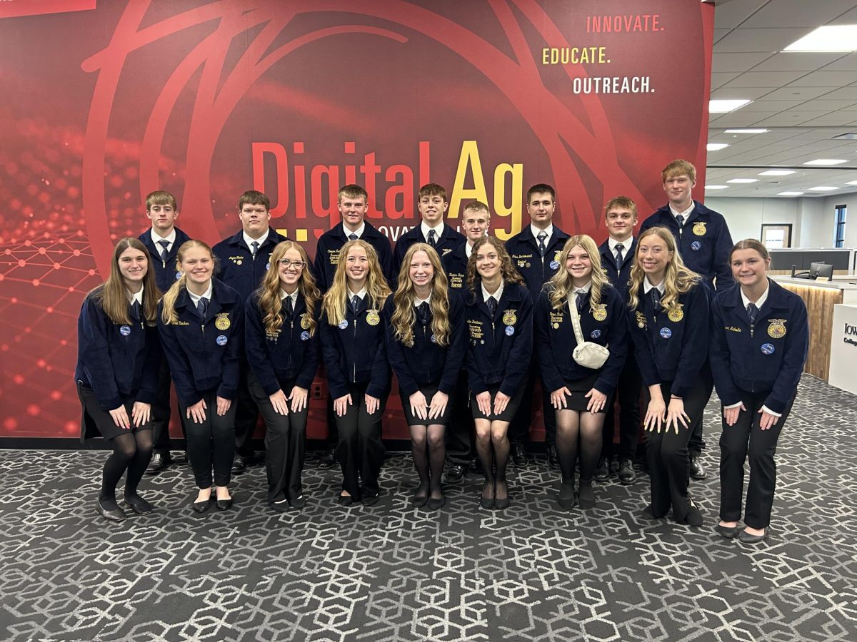 FFA members poses for a picture at the State FFA convention. Front Row: Sadie Schnieders (9), Sophie Recker (9), Holly Gudenkauf (11), Claire Smith (10), Kate Ries (11), Madie Deutmeyer (12), Emma Reth (12), Olivia Quint (10), Addison Shulte (11); Back Row: Jarrett Lynch (10), Jayce Funke (10), Cooper Eschen (11), Rylan Gaul (11), Hunter Rave (11), Miles Bockenstedt (11), Wesley Helle (10), and Isaac Pettlon (10).